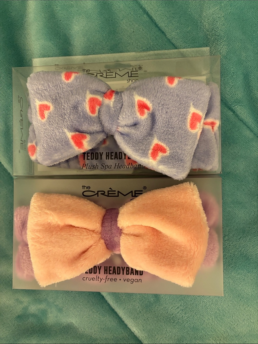 The Crème Plush Bow Headband - Lavender with Pink Hearts & Peach Bow